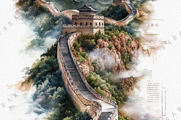 Watercolor painting of the Great Wall winding through misty mountains under a cloudy sky.