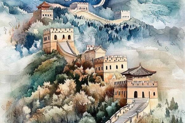 Watercolor painting of the Great Wall of China amid misty mountains and forest.