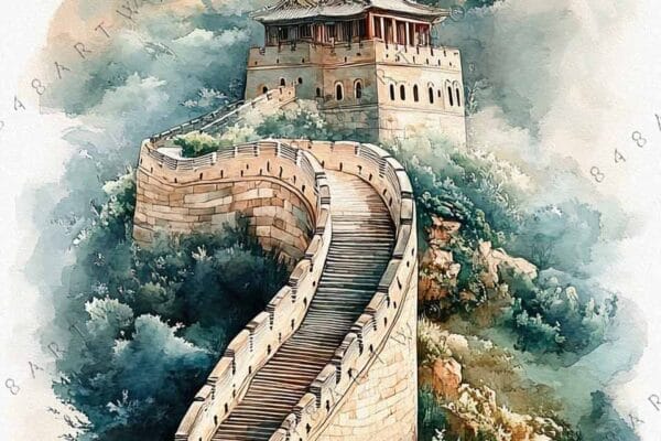 Watercolor painting of the Great Wall of China in soft green and beige tones.