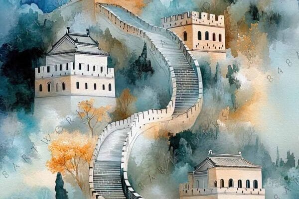 Watercolor painting of the Great Wall winding through misty mountains at sunrise.