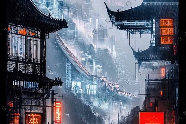 Futuristic digital art of a rainy neon-lit cityscape with traditional architecture elements.