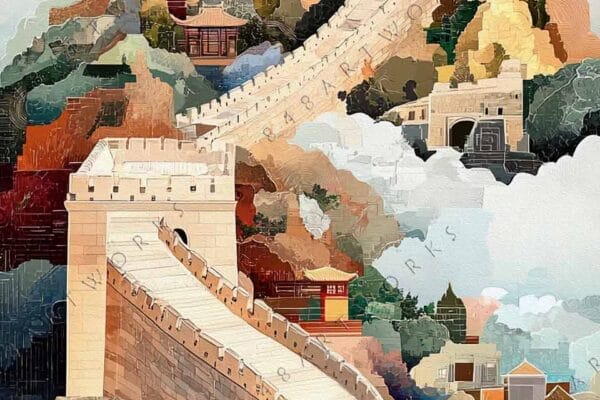 "Colorful digital painting of a twisting Great Wall and pagoda under a cloudy sky."
