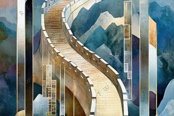 "Abstract digital artwork of Great Wall with geometric design in muted earth tones."