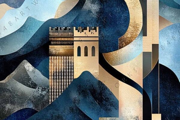 "Abstract digital artwork of a stylized fortress in blue and beige tones."