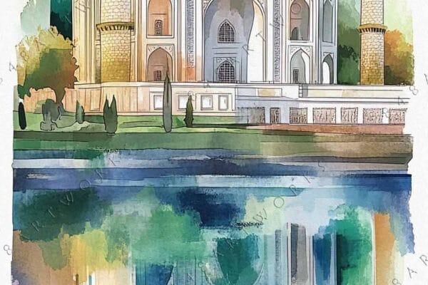 "Watercolor painting of the Taj Mahal with reflections in blue and green tones."