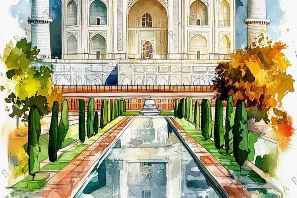 "Watercolor painting of the Taj Mahal with surrounding gardens and reflection in foreground."
