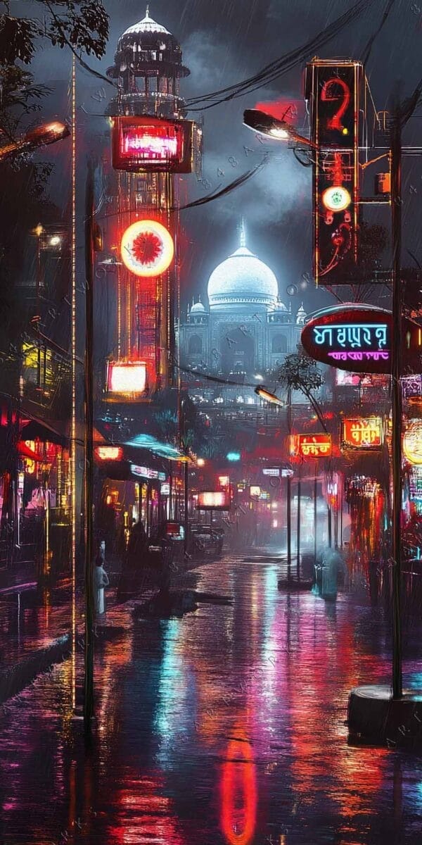 Digital art of a neon-lit cityscape with a domed building in the background.