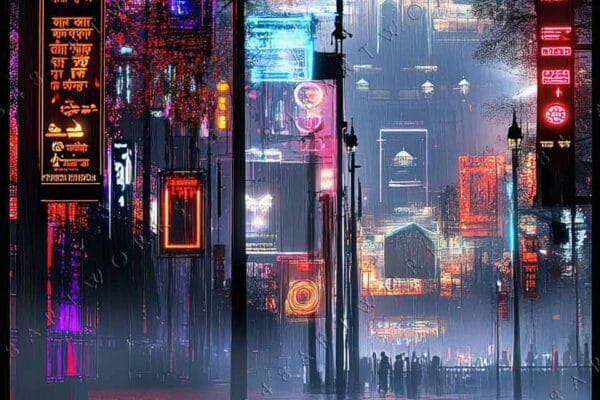 Futuristic digital art of a neon-lit city street with reflective wet pavement.