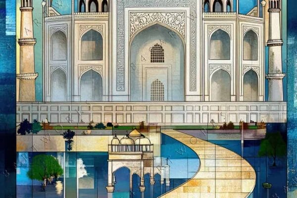 "Digital art of Taj Mahal with geometric patterns in blue and gold hues."