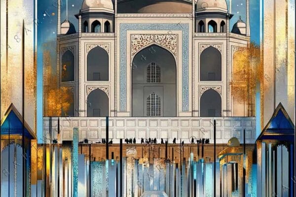 "Art Deco digital painting of the Taj Mahal in gold and blue hues."