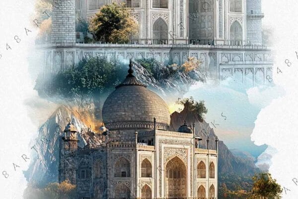 "Digital painting of Taj Mahal with mountain and river backdrop, in pastel and earthy tones."