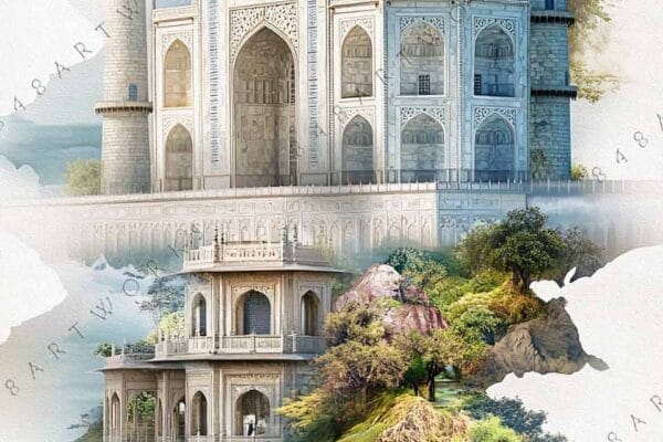 "Digital collage of architectural landmarks and landscapes with mountains and greenery in blue tones."