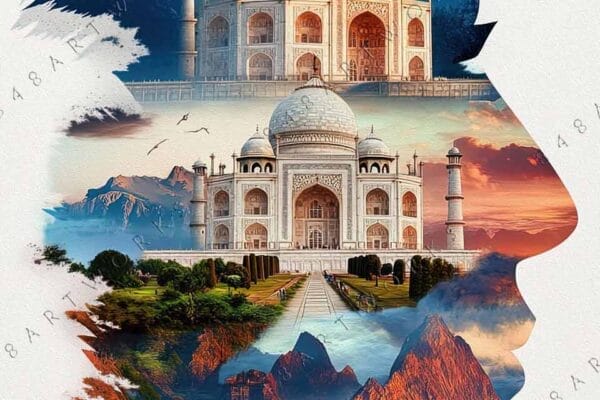 "Digital art of Taj Mahal within a profile silhouette, featuring mountains and water."