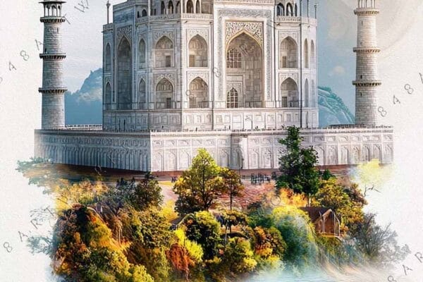 "Surreal digital art of Taj Mahal with mountains and mirrored reflection in natural hues."