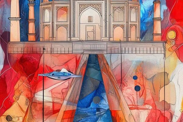 "Vibrant digital art of Taj Mahal with planets and UFOs in cosmic background."
