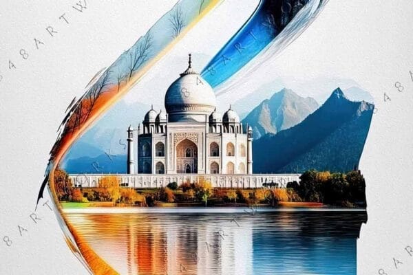 Digital artwork of Taj Mahal with abstract colorful ribbon and tree silhouettes.