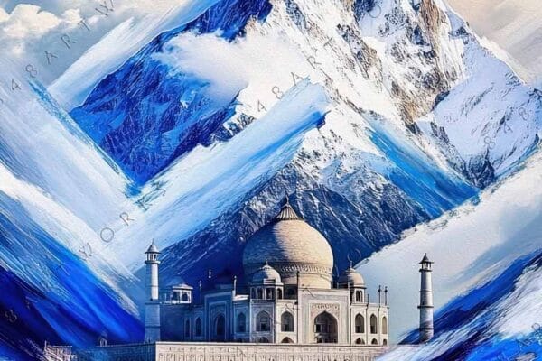 "Surreal digital painting of a building against a snowy mountain and dynamic blue brushstrokes."