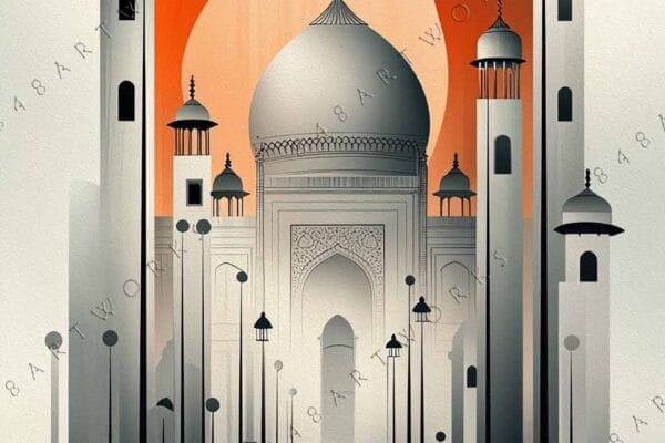 "Digital artwork of Taj Mahal with abstract orange flame design and muted tones."