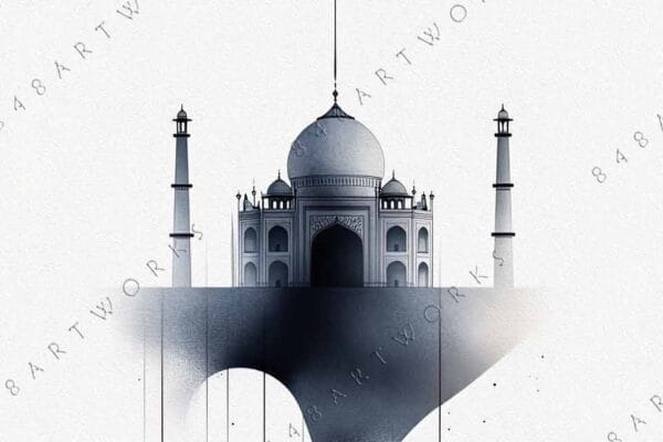 "Minimalist digital artwork of Taj Mahal with dripping black ink effect on white background."