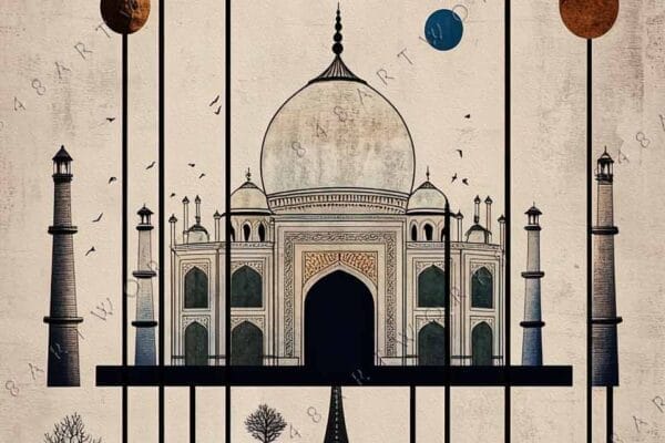 "Geometric digital art of Taj Mahal with abstract trees and pyramids in earth tones."