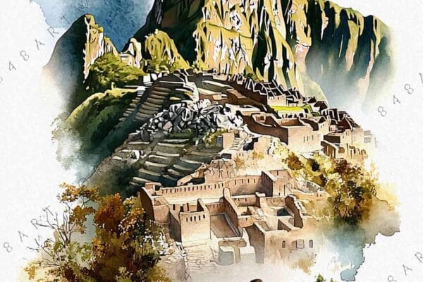 Digital watercolor painting of Machu Picchu with misty mountains and lush greenery.