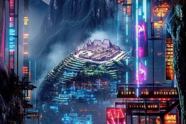 Futuristic digital artwork of a neon-lit cityscape with mountains and misty atmosphere.