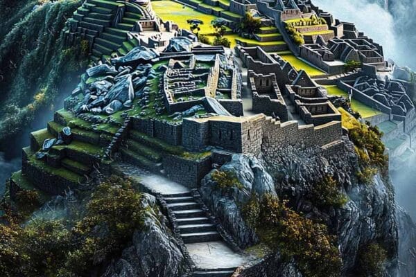 "Digital painting of Machu Picchu under cloudy sky with lush greenery and mountain peaks."