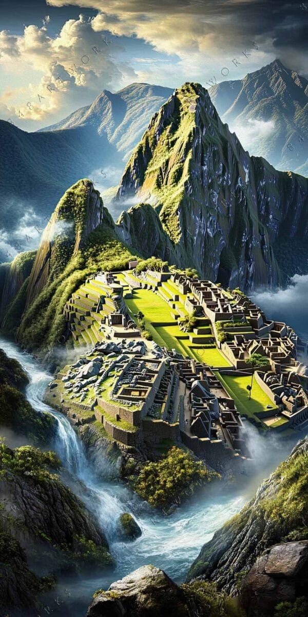 "Digital painting of Machu Picchu nestled in verdant mountain landscape under dramatic clouds."