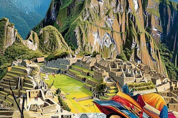 "Colorful digital collage of Machu Picchu, mountain peaks, birds, and woman in traditional attire."