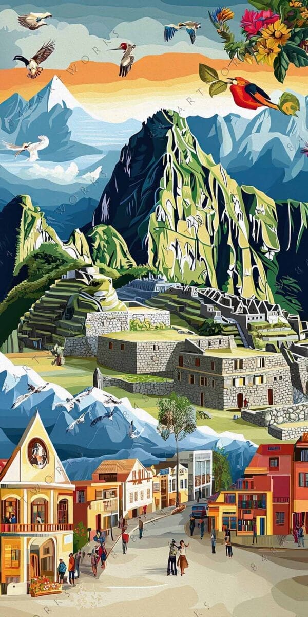 "Colorful digital artwork of Machu Picchu with vibrant foliage, birds, and distant mountains backdrop."