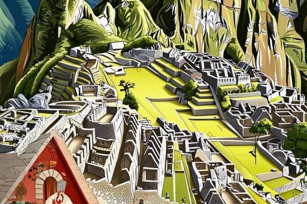 Colorful digital painting of a bustling market with a mountain backdrop and flying birds.