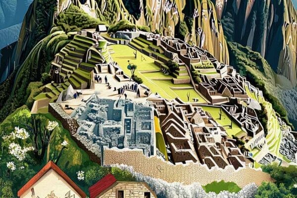 Colorful digital art of Machu Picchu and vibrant village scene with soaring birds.