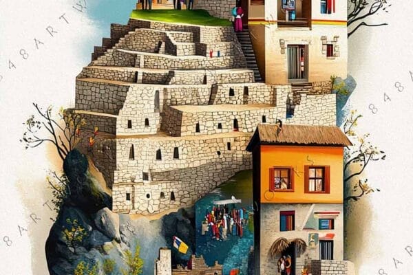 "Colorful digital artwork of whimsical mountain village with stone structures and vibrant clothing."