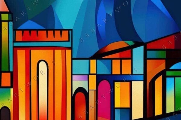 "Colorful abstract digital art with geometric shapes in orange, blue, and red tones."