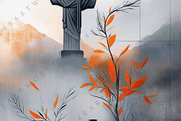 Digital art of a statue, vases, and orange foliage on textured gray background.