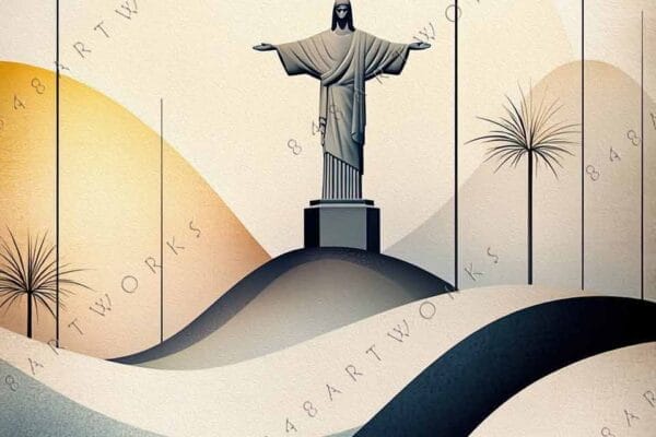 "Minimalist digital art of a statue on hills with abstract sun and plant shapes."