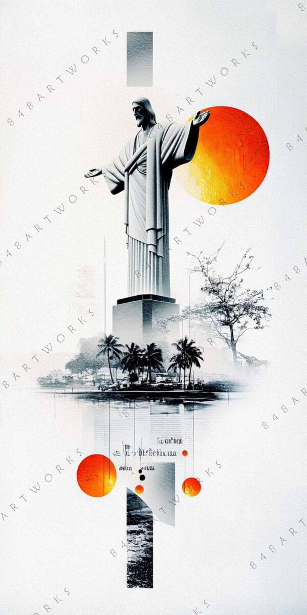 Digital art of a large statue with orange abstract circles and monochrome scenery.