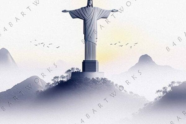 "Minimalist digital artwork of Christ the Redeemer statue with surrounding mist and birds."