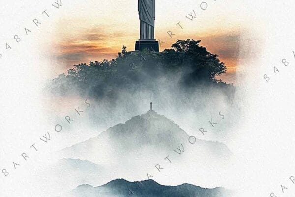 "Digital artwork of a statue on a misty hill at sunset with orange hues."