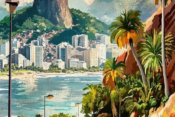 "Digital painting of Rio landscape with statue, cityscape, red car, and palm trees."