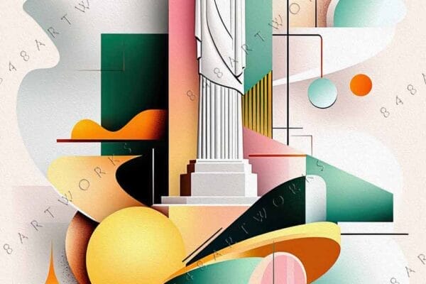 "Geometric digital art of a statue with abstract shapes in pastel colors."