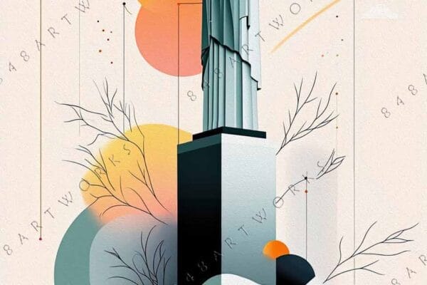"Abstract digital art of a statue with geometric shapes in orange and teal hues."