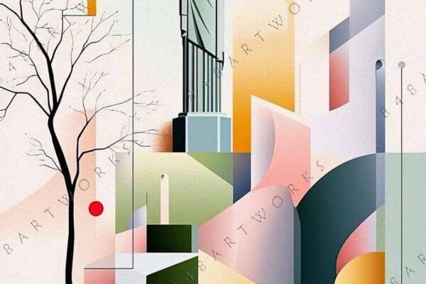 Cubist digital illustration of a statue amidst geometric shapes in pastel hues.