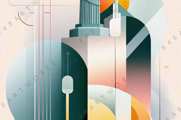 "Geometric digital art of a green statue amidst abstract shapes in orange and teal."