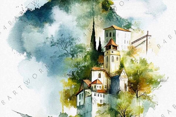 "Watercolor illustration of Christ the Redeemer statue above scenic mountain village."