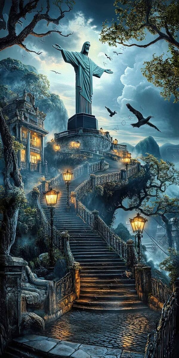 "Fantasy digital art of a grand staircase leading to a statue, in misty blue hues."