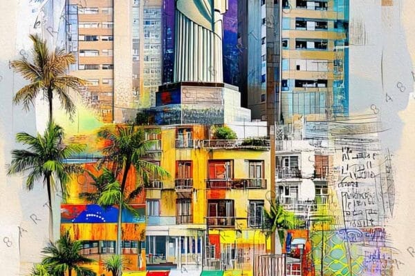 "Vibrant digital artwork of Christ the Redeemer with colorful urban landscape and palm trees."