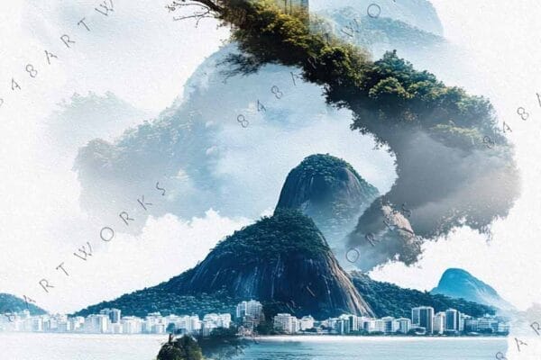"Surreal digital art of Jesus statue with mountains and trees in misty layers."