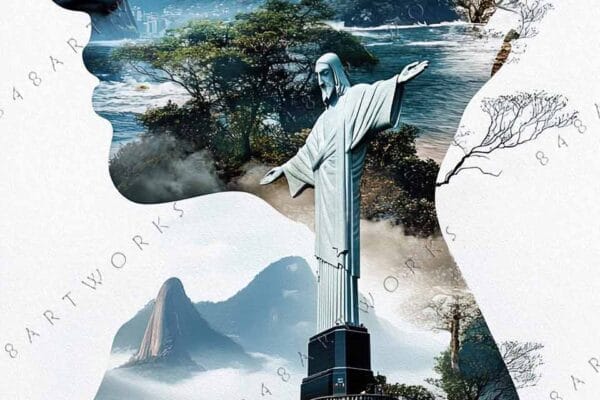 Double exposure digital art with landscapes and a statue within a human silhouette.