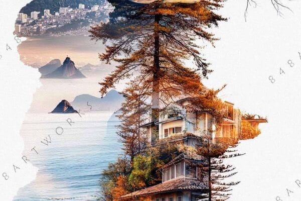 "Digital collage of Rio landmarks, floating in vibrant natural and urban scenery."